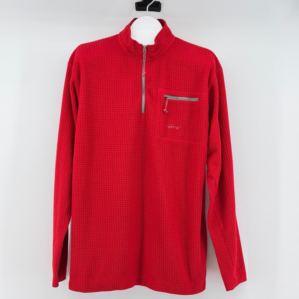 Orvis Trout Bum Pullover Mens L Red Waffle Grid Fleece 1/4 Zip Pocket Casual